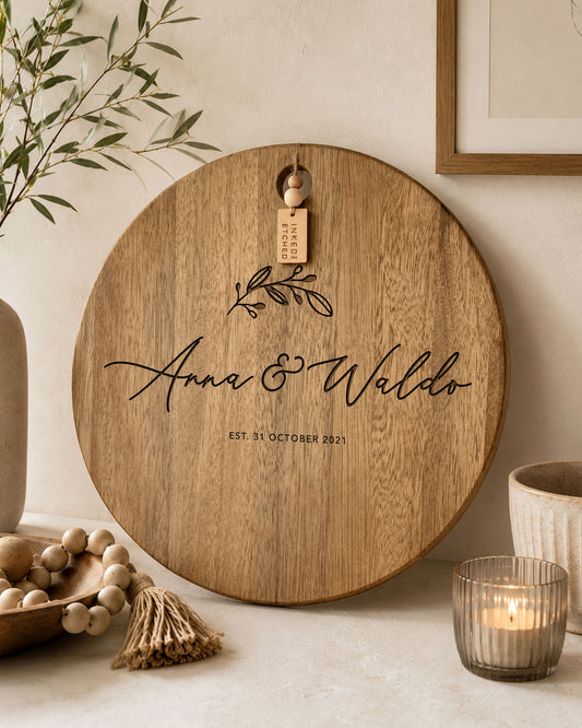 Personalised Wedding Cheeseboard - Botanical Design Round Engraved Serving Board | 40cm