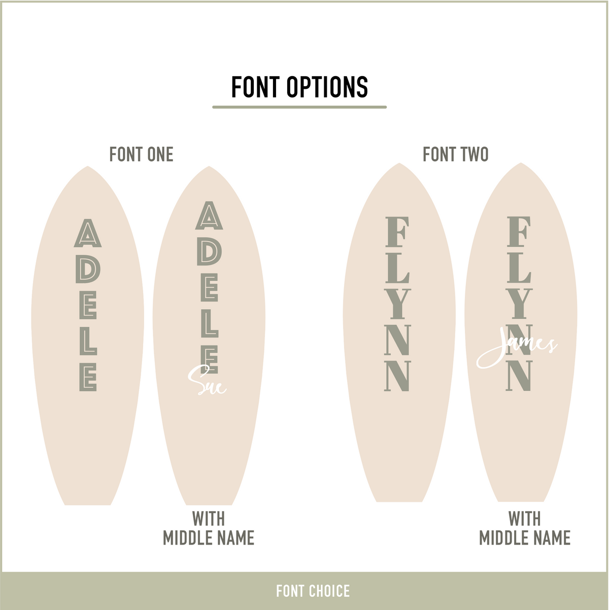 Font options available for personalised wooden surfboard wall decor featuring one or two names for beach themed bedrooms.