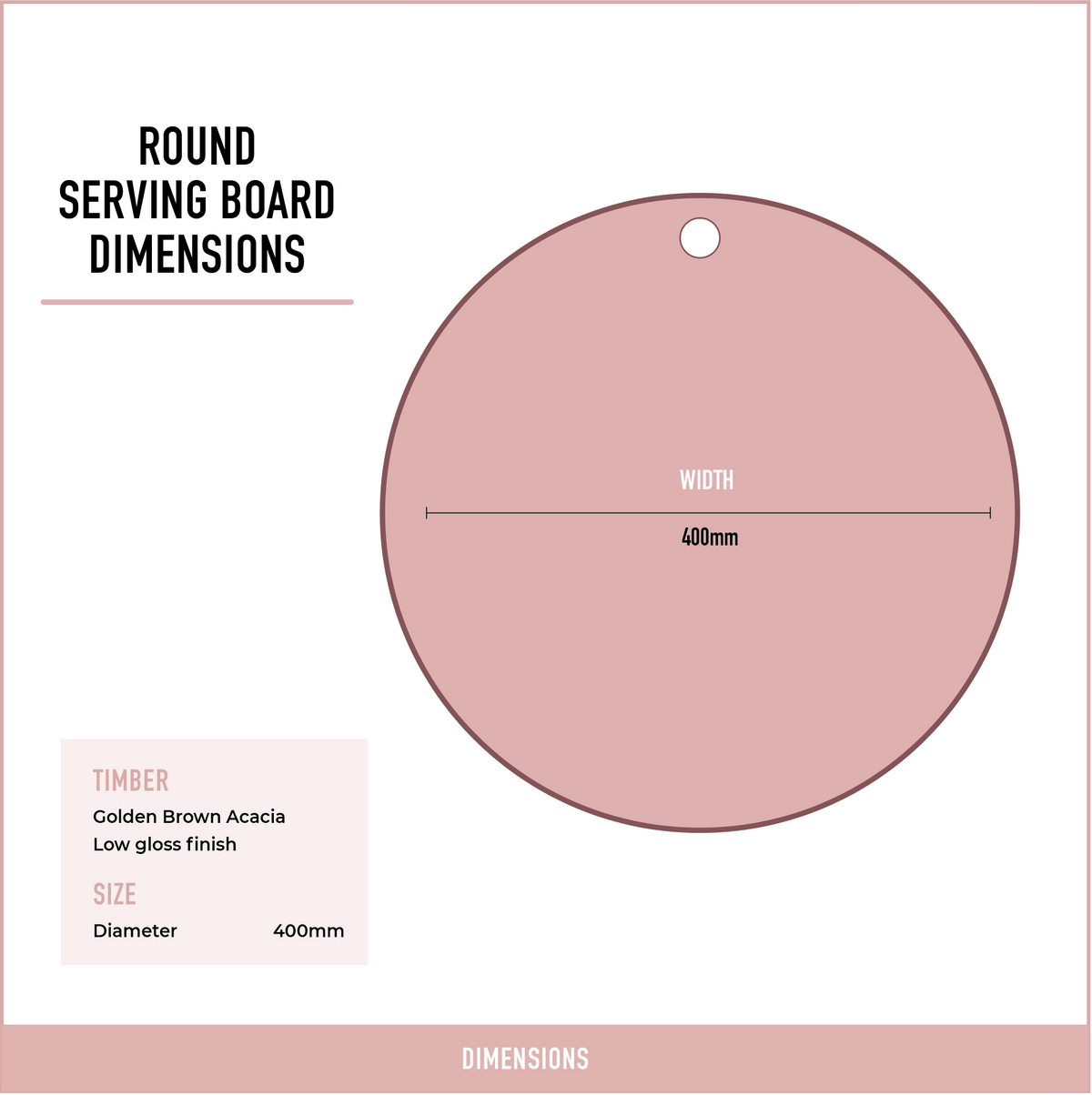 Round golden brown acacia serving board dimensions diagram showing a 400 mm diameter and low-gloss finish.