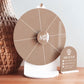 Brown acrylic Spin The Wheel with white section lines, a white stand, “Spin Me” centre and matching blank mini sign with instructions.