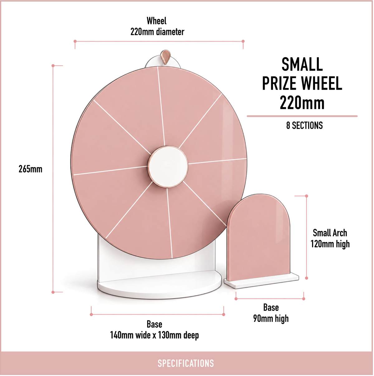 Size diagram of the small printed Spin The Wheel with a 220 mm wheel, eight sections, white stand and matching mini sign.
