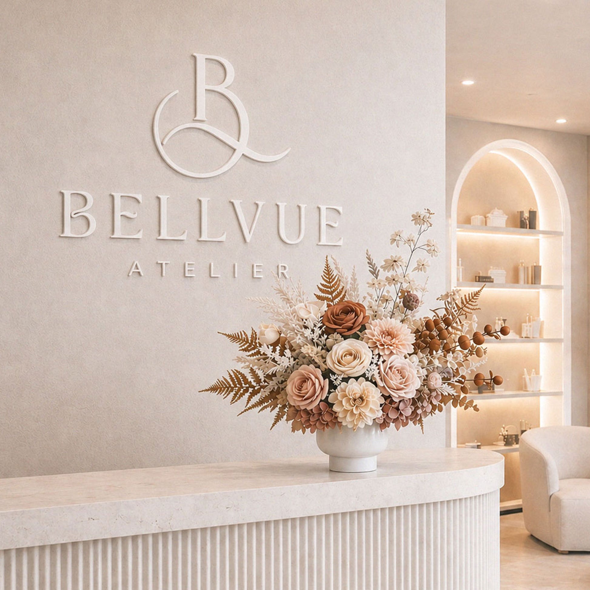 White 3D acrylic logo sign mounted on a modern business reception wall creating elegant custom wall branding.